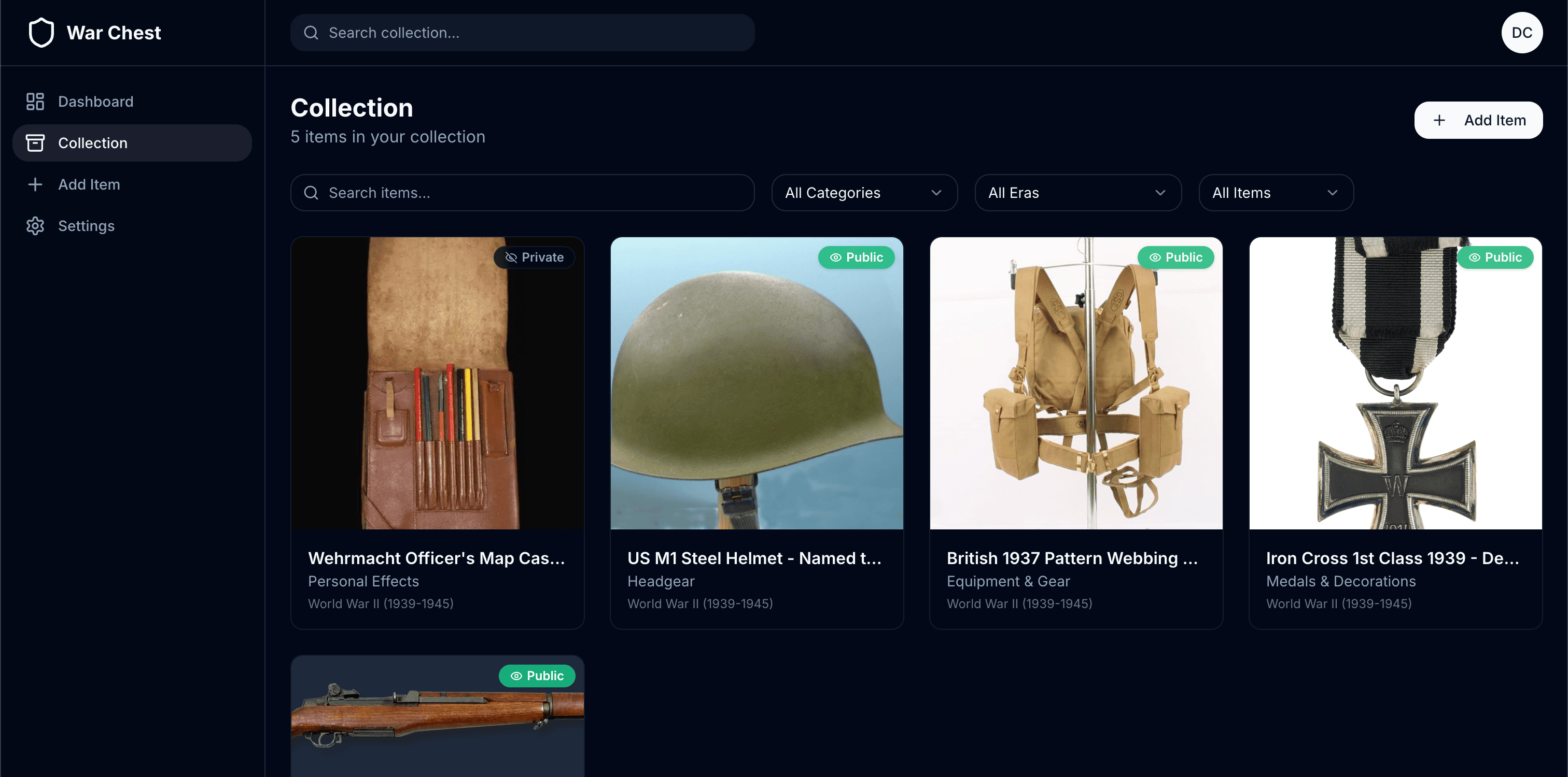 War Chest collection management interface showing militaria items